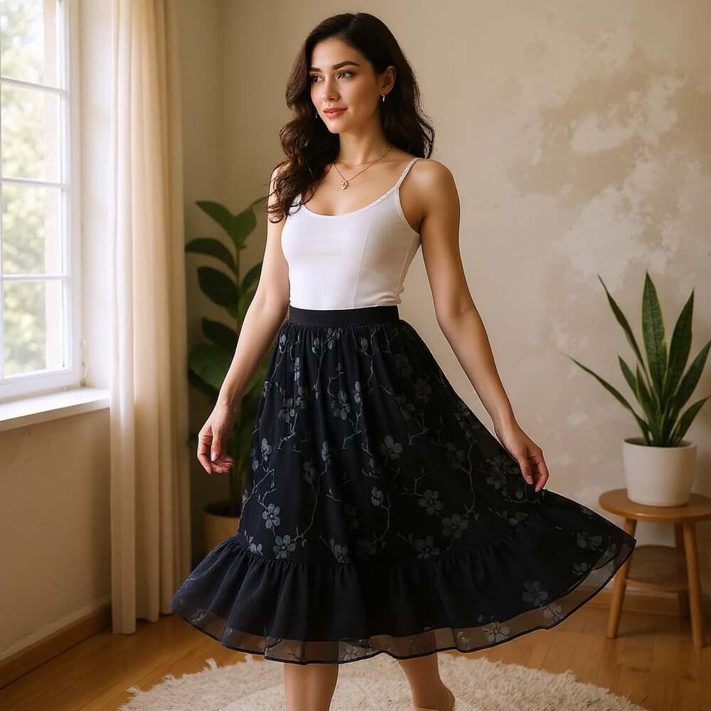 Vintage Spencer Alexis Cherry Blossom Burnout Midi Skirt Black L